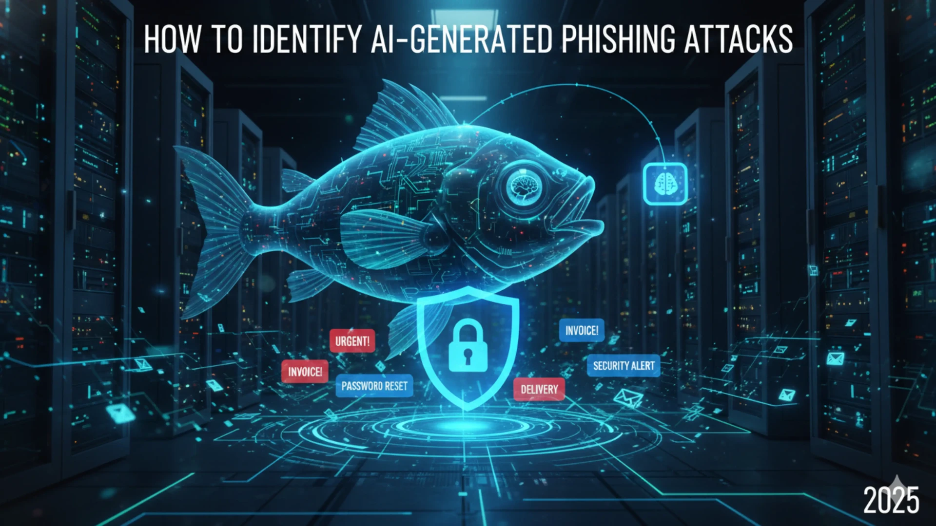 Holographic phishing fish with cybersecurity alerts showing AI-generated threats including urgent invoices, password resets, and delivery notifications in a digital cyberspace environment